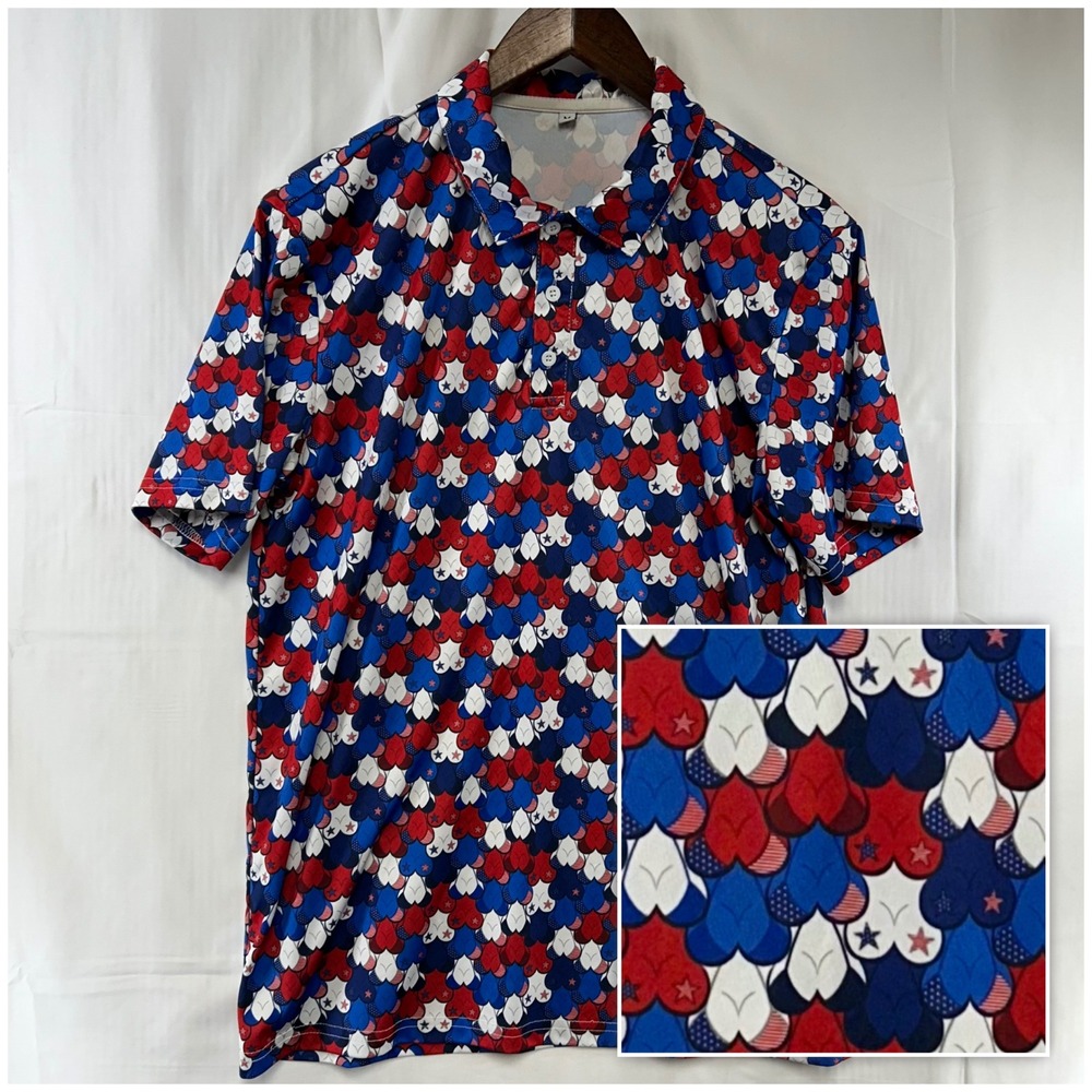 American Tatas Polo Shirt Mens Medium Red White Blue Patriotic Print Novelty